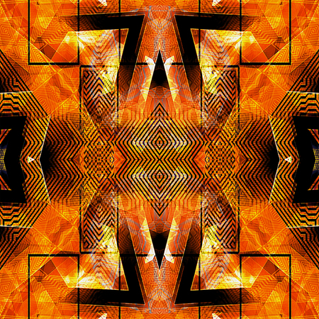 Abstract orange, red and black futuristic background with arrows, triangles, rectangles and contour lines. Red, yellow, orange and black background with geometric patternの写真素材
