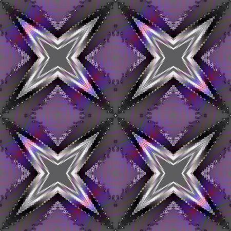 Kaleidoscopic Abstract seamless fractal pattern with silver and black stars. Scalloped seamless background with glowing starsの写真素材