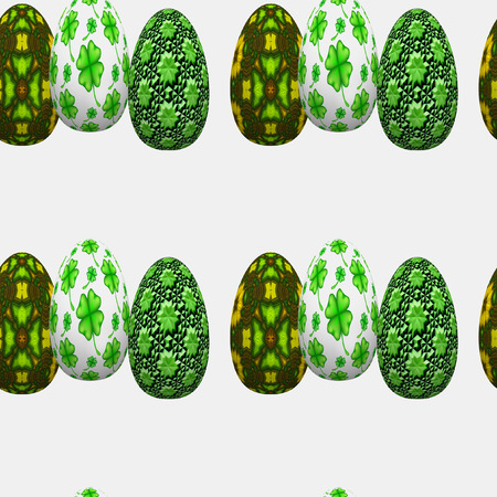 Seamless easter pattern of decorative eggs with spring motifs. Green, yellow and brown easter eggs on a white backgroundの写真素材