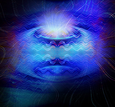 Abstract spherical object with beams and wavy pattern. Blue, white, turquoise and purple unknown luminous object resembling jellyfishの写真素材
