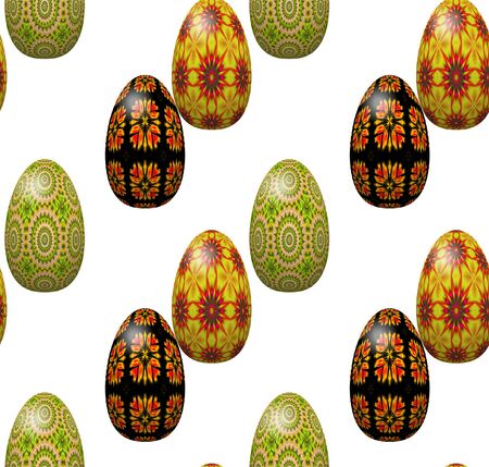 Seamless easter pattern with decorative painted eggs. Green, red, black, orange easter eggs on a white backgroundの写真素材