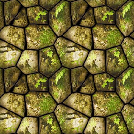 Seamless pattern with leaves, grass and cracked stones. Natural brown, green and yellow background of polygonal stones and plantsの写真素材
