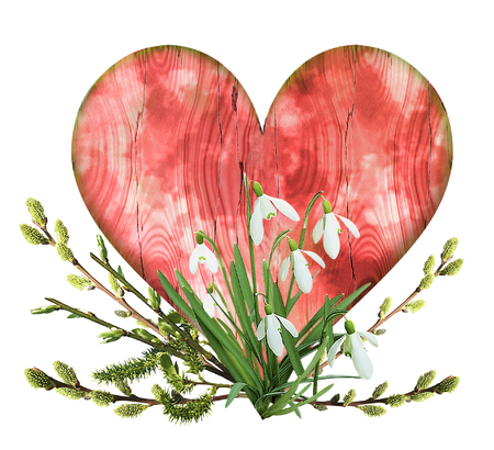 Vintage wooden red heart with spring flowers and Twigs. Snowdrops, willow catkins and grunge with pink, white and red heartの写真素材
