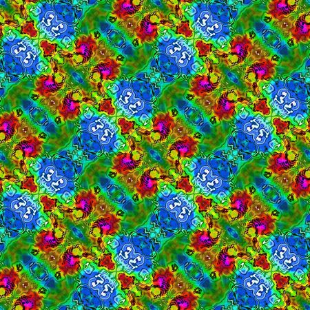 Abstract watercolor seamless pattern with ornamental motifs. Red, green, blue and gold glittering backgroundの写真素材