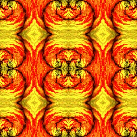 Abstract seamless red, yellow, black and orange infernal pattern with stylized flames. Kaleidoscopic Abstract wavy pattern with ornamental firesの写真素材