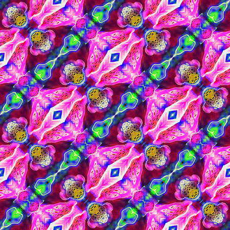Abstract seamless pattern with stylized exotic flowers. Pink, blue and green background with tropical orchidsの写真素材