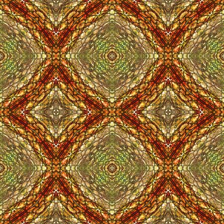 Abstract seamless pattern of beveled squares, scales and stylized reptile texture. Brown, red and green pattern generated with snake skinの写真素材