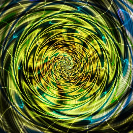 Swirling Abstract rotating background of spirals with rays. Green, brown, yellow and blue resembling liquid vortexの写真素材