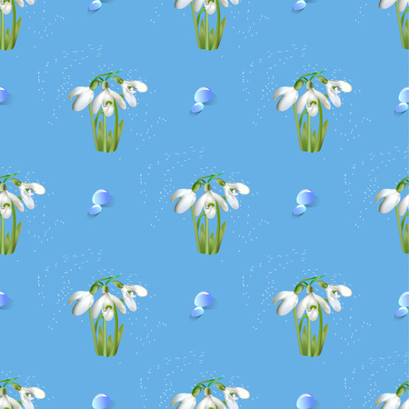 Natural seamless pattern of snowdrops and water drops. White flowers with flying snow, leaves and water drops on a blue backgroundのイラスト素材