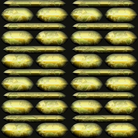 Abstract seamless pattern of 3d rounded scratched gold nuggets and bars. Mosaic tiled pattern of oval brushed metal objects on a black backgroundの写真素材