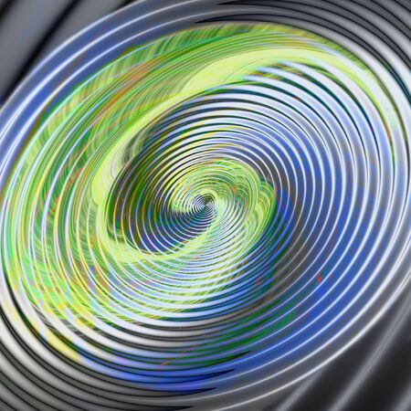 Abstract background of concentric spirals and circles creating an illusion of movement. Green, blue, gray, white, orange and gold vortex resembling molten metalの写真素材