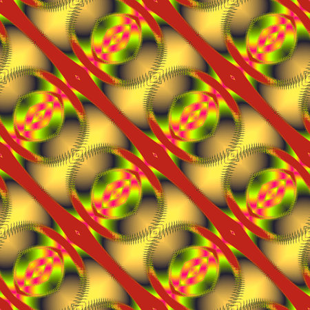Abstract seamless fractal pattern with stripes and oval shapes. Red, green, pink and gold fractal...