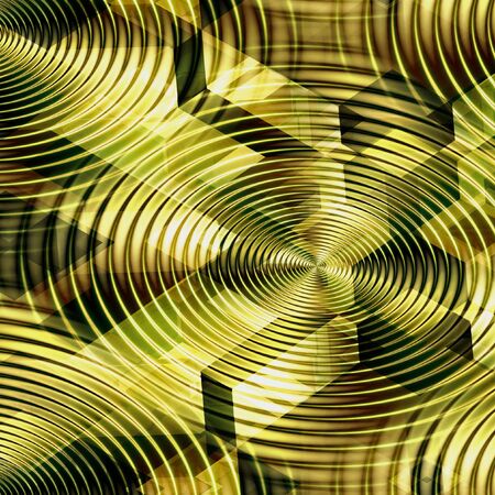 Abstract futuristic gold background with concentric circles, polygons and blocks. Gold, green and black texture resembling molten metalの写真素材