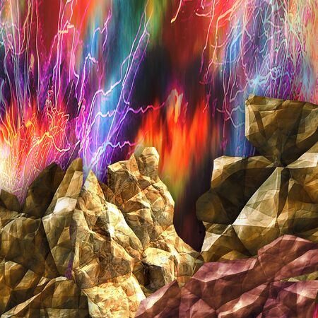 Dynamic background with cracked rocks and dramatic sky. Volcano with flames and rays. Red, blue, green and blue glowing background with stonesの写真素材