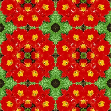 Seamless natural pattern of red flowers. Red, yellow and green floral background with stylized floral wreaths. 3d renderingの写真素材