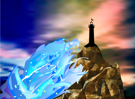 Landscape with silhouette of lighthouse, sea waves and dramatic sky. Seascape at sunset with cracked rockのイラスト素材