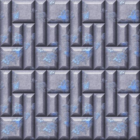 Abstract seamless pattern relief of silver and blue scratched squares and rectangles beveled. Silver and blue seamless pattern of 3d mosaicの写真素材