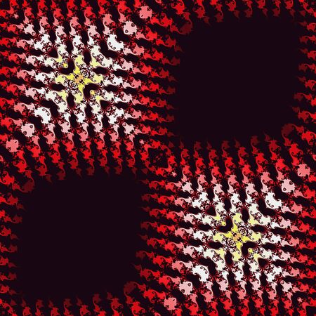 Abstract seamlessly patterned fractal pattern with red, pink, white and yellow scalloped structure on a black background. Red, white, yellow and black scalloped ornamental fractal patternの写真素材