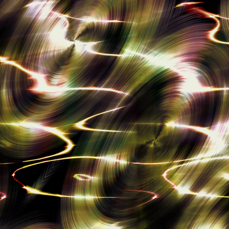 Abstract glowing rotating background with concentric circles and electric discharge. Gold, green, white, red and black vibrating background creating an illusion of movementの写真素材