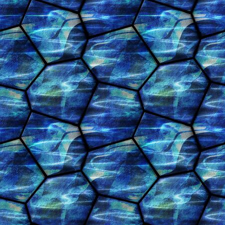 Seamless stone pattern with waves. Blue, turquoise and white pavement background with water surface and light reflectionsの写真素材