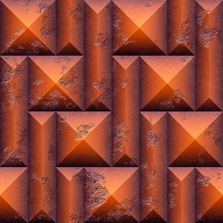 Abstract seamless pattern of orange scratched stones. Orange and brown 3d mosaic seamless pattern of pyramidal blocks and beveled rectangles. 3d renderingの写真素材