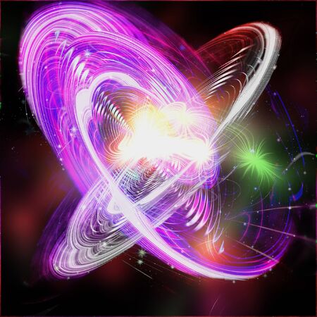 Abstract rotating background resembling an explosion in space. Pink, purple, red, green and white fractal background with beams and stars. Unknown nebula with a green flash. 3d illustrationの写真素材