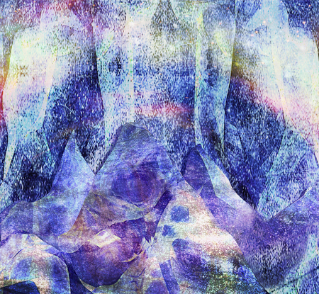 Abstract panoramic arctic landscape with mountains and aurora. Ice cave with bright stalactites. 3d illustrationの写真素材