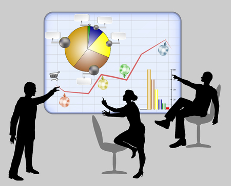 Managers solve work problems using interactive light board with infographic. Silhouettes of two men and women with circular diagrams and graphsのイラスト素材