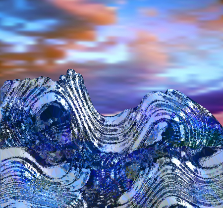 Background with turbulent waves and dramatic sky. Blue, white and turquoise rippling water surface with pink, blue and purple cloudsのイラスト素材
