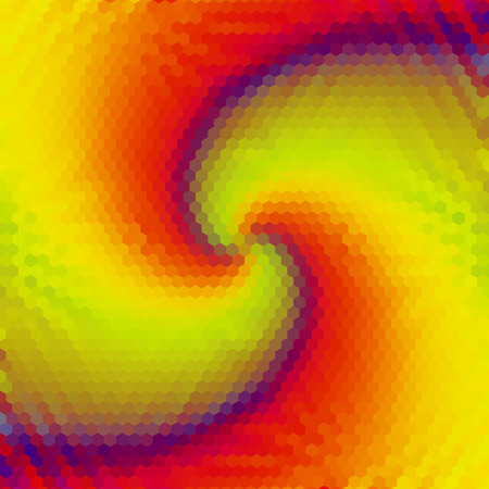 Abstract hexagonal background with spirals converging to one point. Yellow, red, green and blue rotating backgroundのイラスト素材