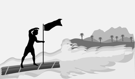Man on a wooden raft approaching the island. Black silhouette of a boy with flag and gray island with mountains and palm treesのイラスト素材