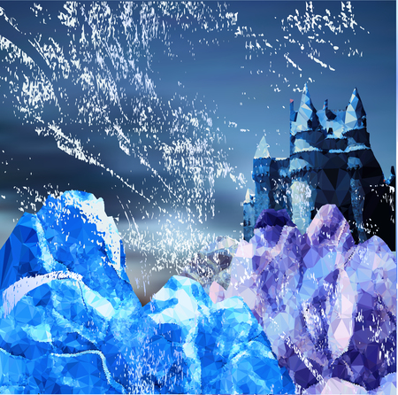 Winter snowy landscape with mountains, castle and blizzard. Blue and white polygonal landscape with dark sky and snowstormのイラスト素材