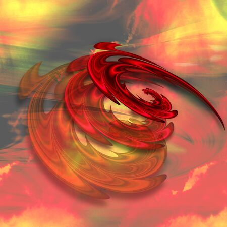 Abstract fire vortex with rotating spirals of flames. Red, yellow and black background with three layers of spirals. 3d illustrationの写真素材