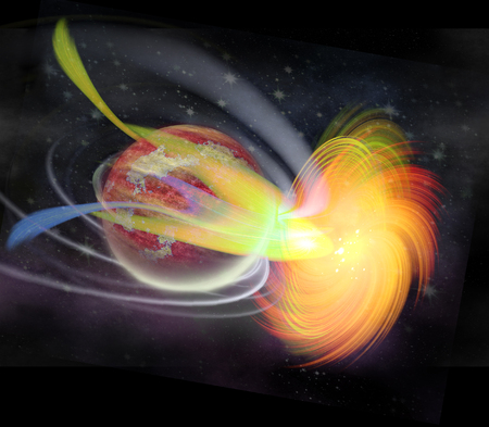 Abstract rotating background resembling an explosion in space. Unknown burning planet with ring, stars and nebula. 3d illustrationの写真素材
