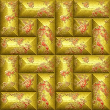 Seamless relief 3d mosaic pattern of scratched gold and red beveled rectangles.の写真素材