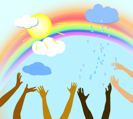 Background with sky, sun, clouds, rain and handsのイラスト素材