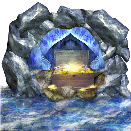Cave surrounded by water. Treasure in the wooden chest. Glowing gold bricks, coins, diamonds in the chest. 3d illustrationの写真素材