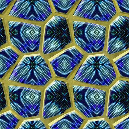 Abstract seamless pattern of stones with glowing spectral rays. Turquoise, green, white and blue stone pavement pattern with gold edges. 3d renderingの写真素材