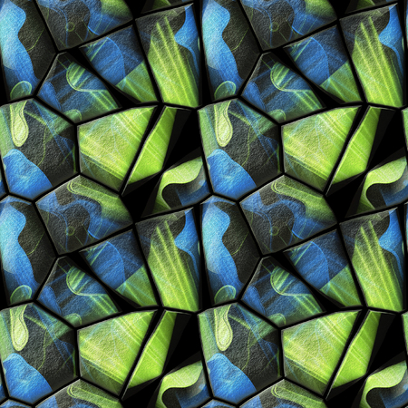 Seamless relief stone pattern with rays and stylized foots. Blue and green seamless background of sharp stones on a black backgroundの写真素材