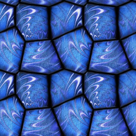 Seamless 3d pavement pattern with waves and spirals. Blue and white rippling pattern of polygonal stonesの写真素材