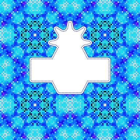 Design template with abstract seamless retro pattern with stylized flowers and banners. Blue and white background with dotted kaleidoscopic pattern and white paper bannersのイラスト素材