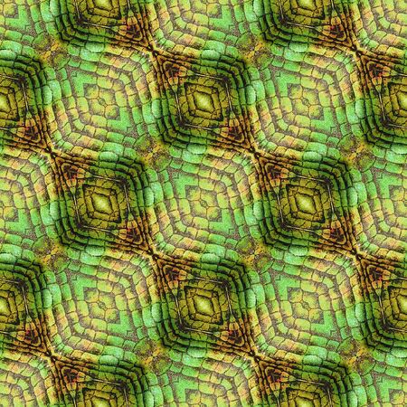 Abstract seamless pattern of oval shapes and scales resembling reptile skin. Green, orange and brown seamless pattern with scalesの写真素材