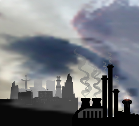 Dark landscape with modern panoramic city and chemical factory in the foreground. Gray, black and white sky with clouds of smog and skyscrapersのイラスト素材