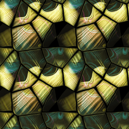 Seamless pavement floor pattern of stones with wrinkled structure. Green, red, yellow and brown Seamless pattern of polygonal stones on a black background. 3d renderingの写真素材