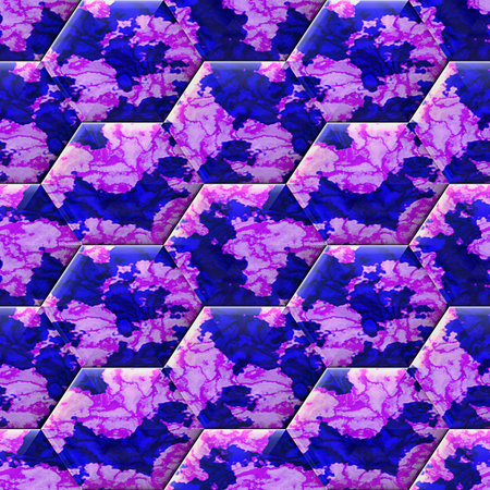 Abstract seamless pink, blue and white marbled pattern with veined texture. Hexagonal relief pattern...