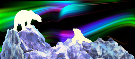 Northern landscape with silhouettes of polar bears and aurora. Blue, white, green, pink and black polar landscape with mountains of ice crystalsのイラスト素材
