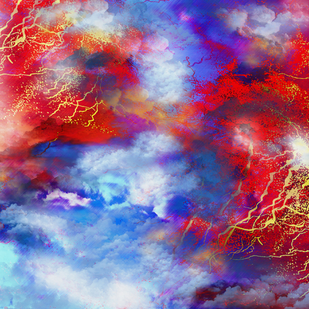 Dramatic natural stylized background with sky, storm clouds, lightning and heavy rain. Red, blue, yellow and white background with thunderstorm. 3d illustrationの写真素材