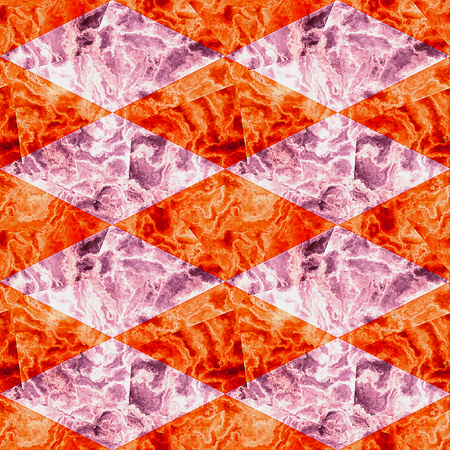 Seamless marbled pattern of orange and pink rhombuses. Pavement floor pattern with veined marble textureの写真素材
