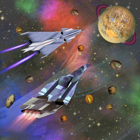 Two spaceships flying to an unknown planet. Universe with a celestial body and a swarm of meteorites. 3d illustrationの写真素材