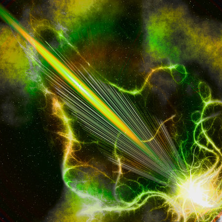 Abstract background resembling a supernova explosion in space. Green yellow, orange and black burst...
